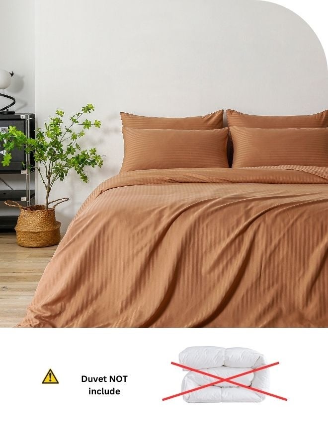 Premium King Size 6 Pieces Bedding Set without filler Solid Brown Tan Color, Satin Stripe Design.