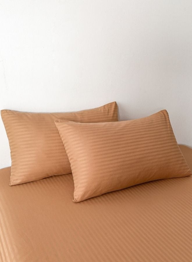 Premium King Size 6 Pieces Bedding Set without filler Solid Brown Tan Color, Satin Stripe Design.