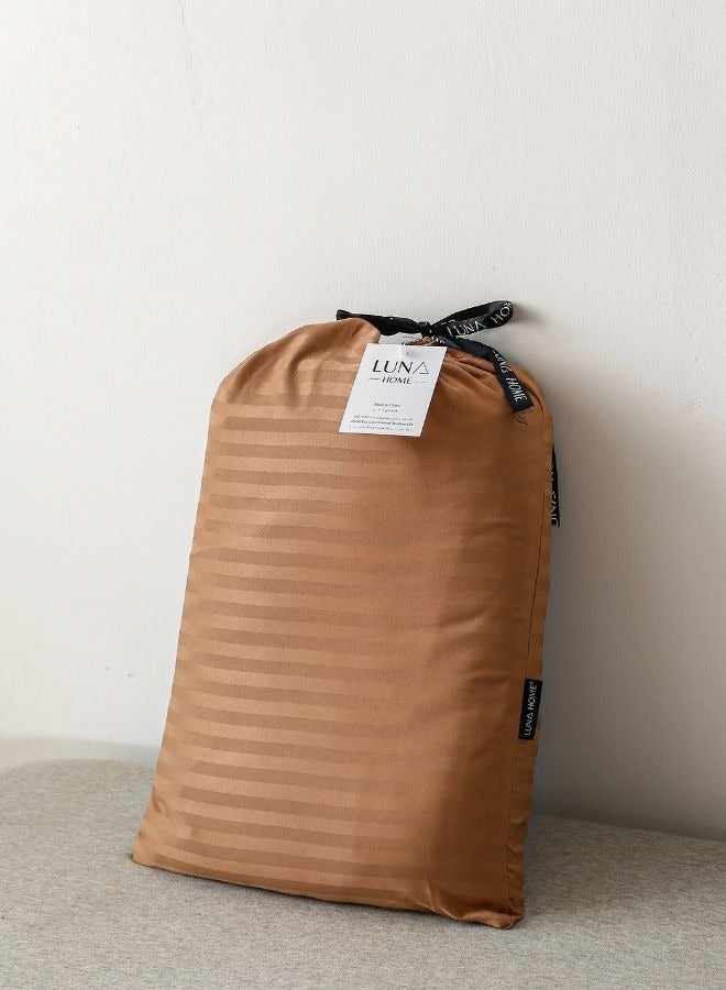 Premium King Size 6 Pieces Bedding Set without filler Solid Brown Tan Color, Satin Stripe Design.