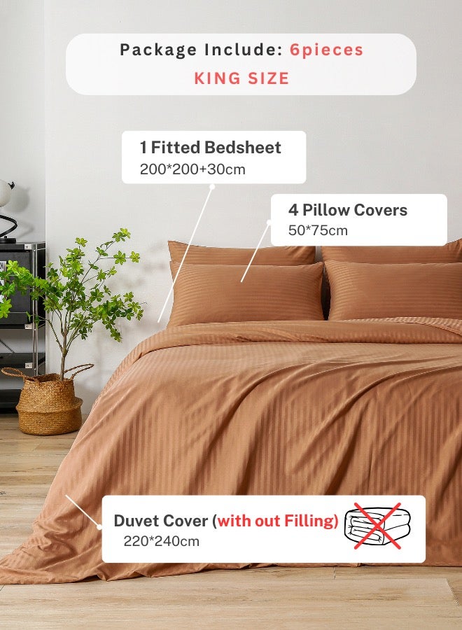 Premium King Size 6 Pieces Bedding Set without filler Solid Brown Tan Color, Satin Stripe Design.