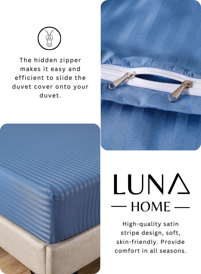 Premium King Size 6-Piece Bedding Set Without Filling Stone Blue  Satin Striped Design