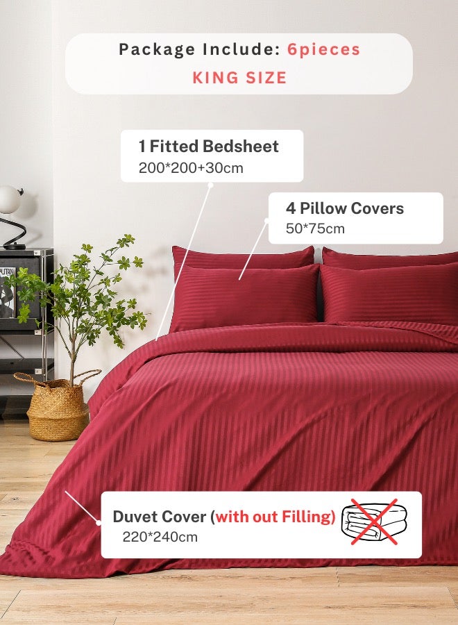 Premium King Size 6 Pieces Bedding Set Without Filler Solid Berry Red  Satin Stripe Design