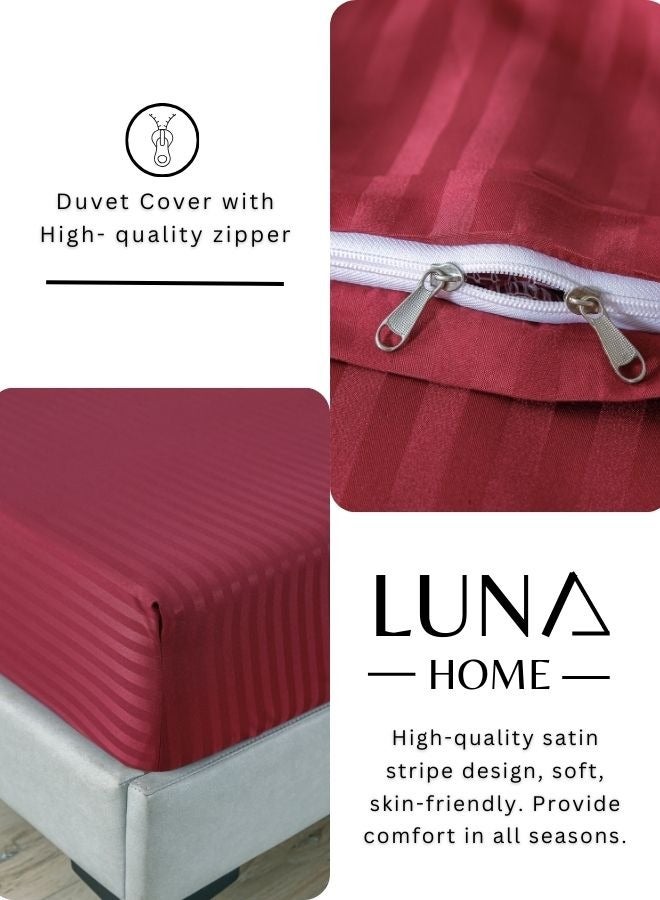 Premium King Size 6 Pieces Bedding Set Without Filler Solid Berry Red  Satin Stripe Design