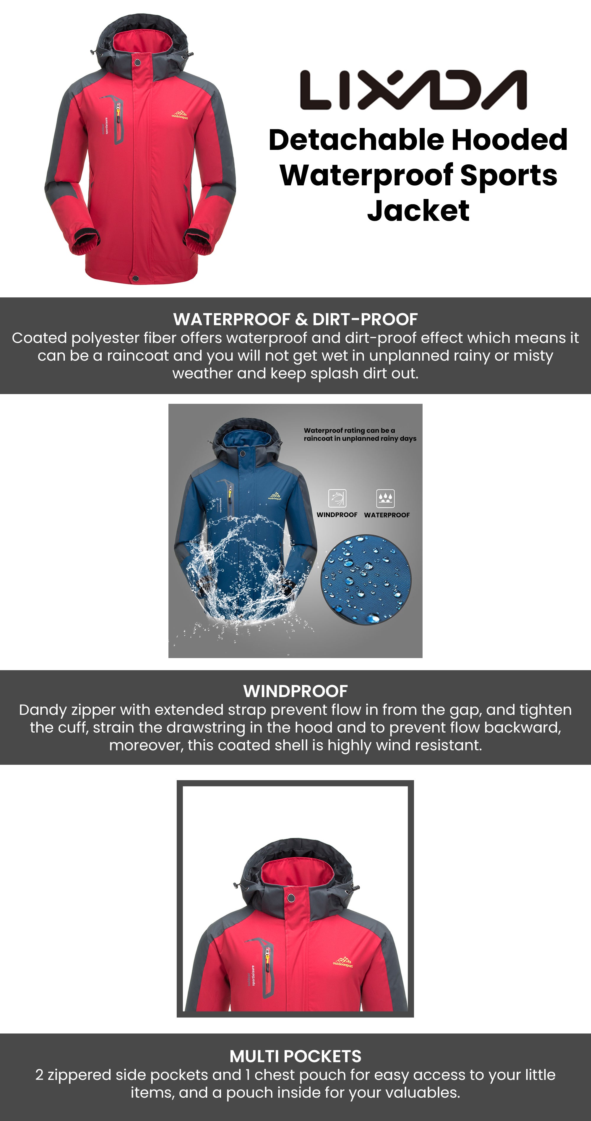 Detachable Hooded Waterproof Sports Jacket M