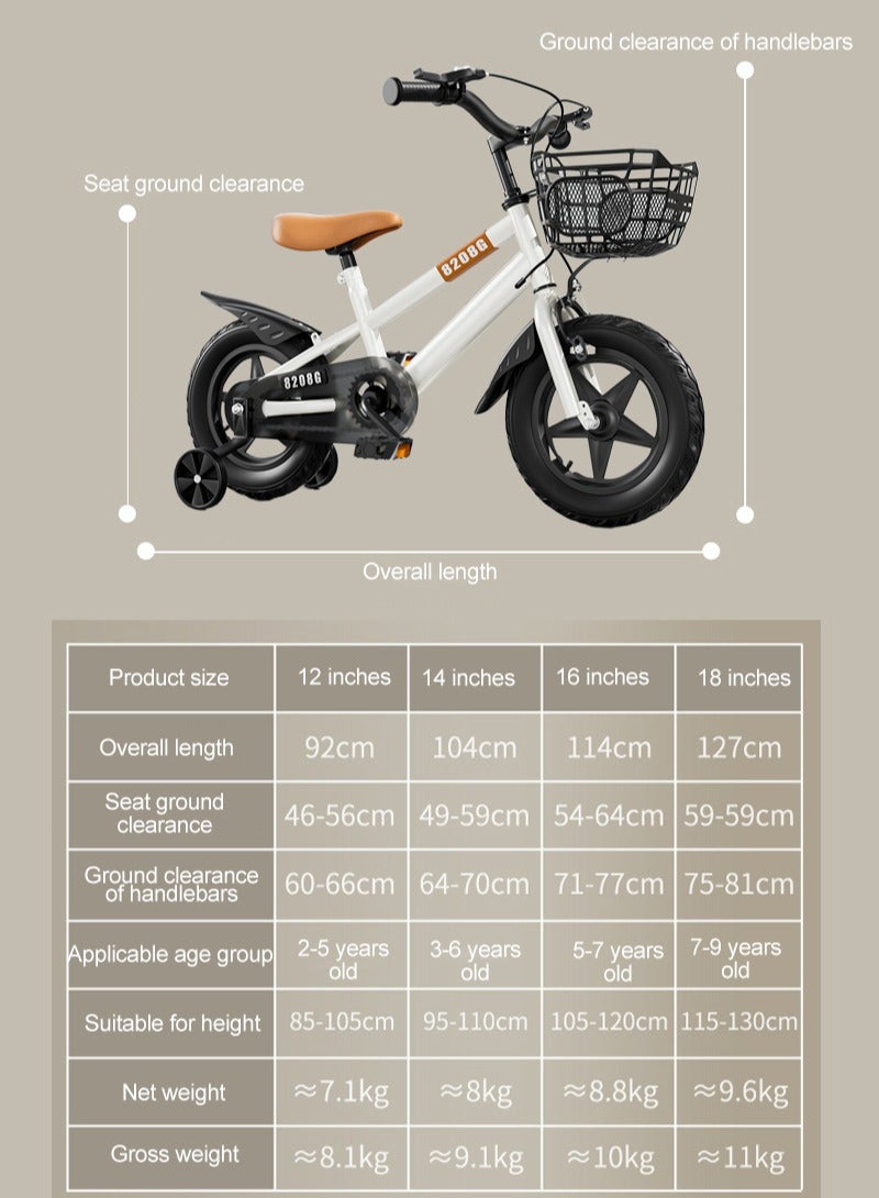 14 Inch Kids Bike High Carbon Steel Kids' Bike Children's Bicycle For 3-6 Years Old Girls And Boys With Training Wheels Wear-Resistant Tires Adjustable Seat With Basket Safe and Stable Responsive Dual Brakes