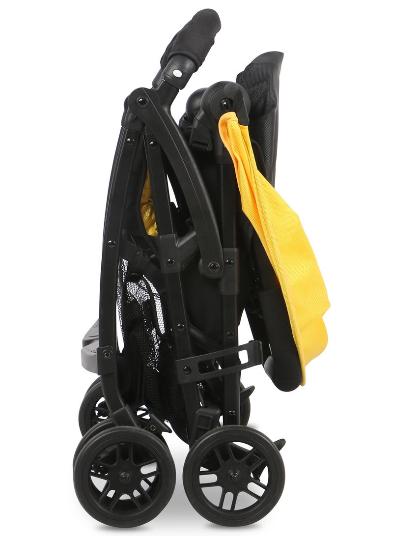 Compact Air Stroller By Delta Children | Lightweight Travel Stroller | One-Hand Fold | Reclining Seat | UPF 50+ Sun Canopy | Storage Basket | Smooth Ride | 5-Point Harness-Yellow Black