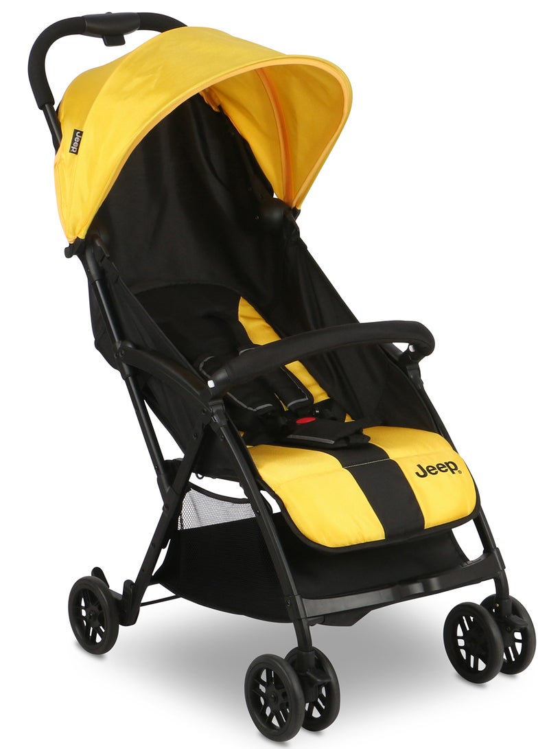 Compact Air Stroller By Delta Children | Lightweight Travel Stroller | One-Hand Fold | Reclining Seat | UPF 50+ Sun Canopy | Storage Basket | Smooth Ride | 5-Point Harness-Yellow Black