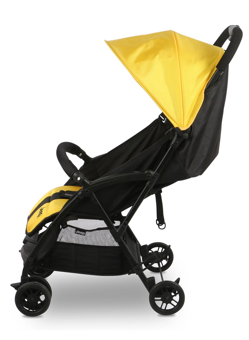 Compact Air Stroller By Delta Children | Lightweight Travel Stroller | One-Hand Fold | Reclining Seat | UPF 50+ Sun Canopy | Storage Basket | Smooth Ride | 5-Point Harness-Yellow Black