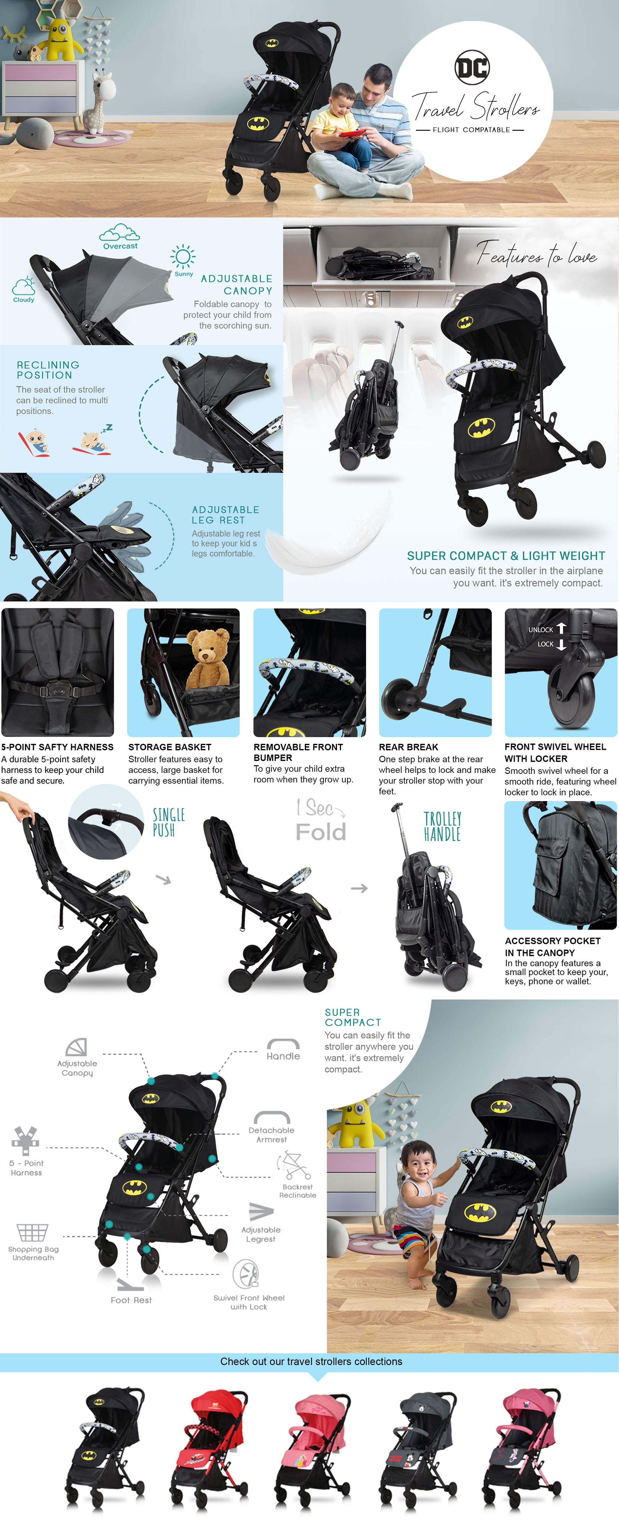 Batman Travel Stroller 0 - 36 Months, Compact Design, Storage Basket, Rear Breaks, Travel Compatible, Trolley Handle