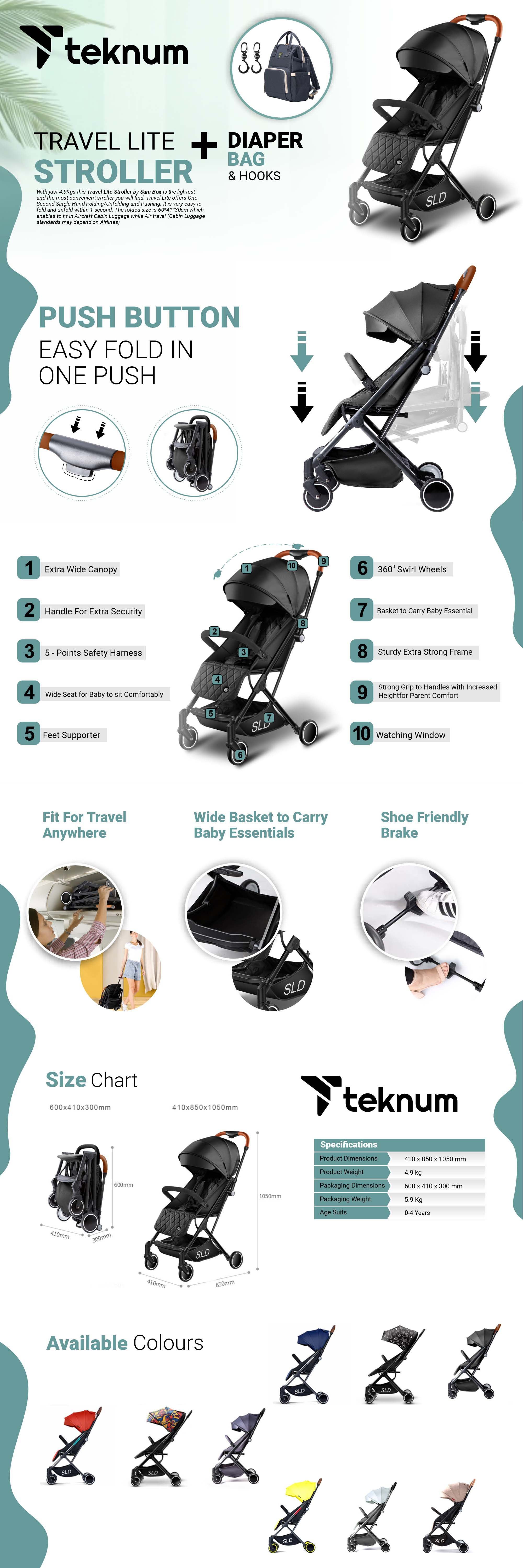 Travel Lite Stroller With Sunveno USB Diaper Bag And Stroller Hooks - Black