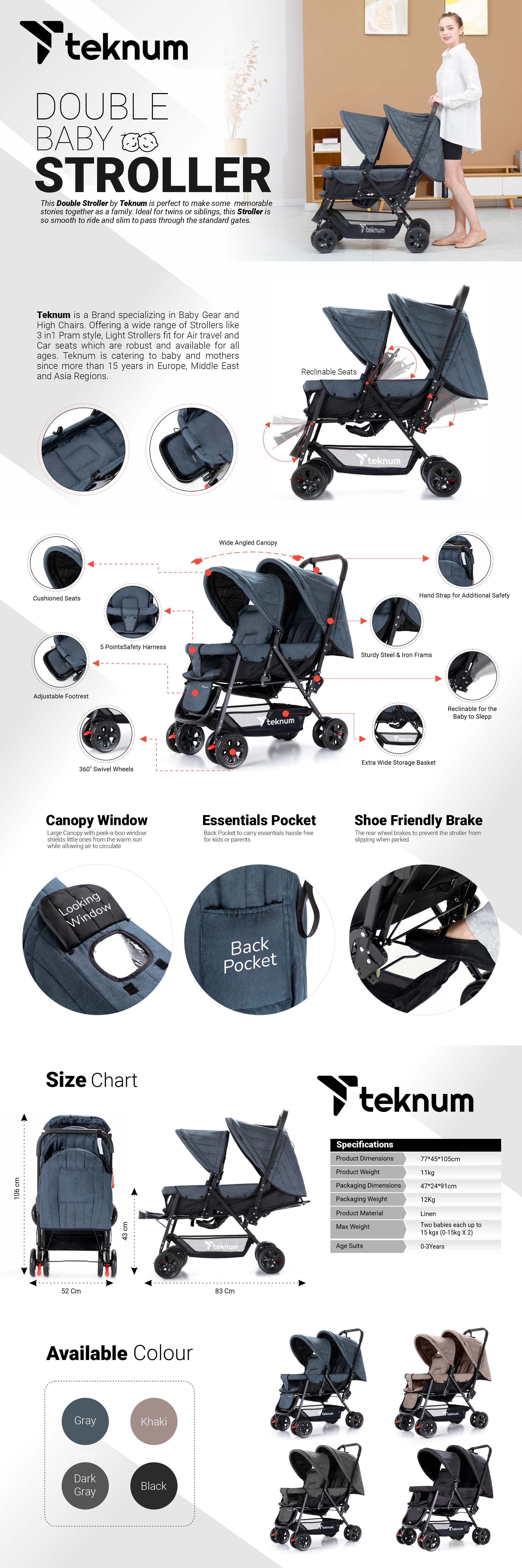 Double Baby Stroller Wide Seat And Canopy 360° Rotating Wheels