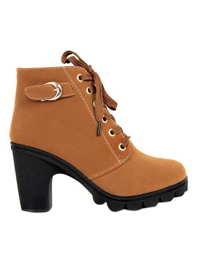 Block Heels Zippered Ankle Boots Brown