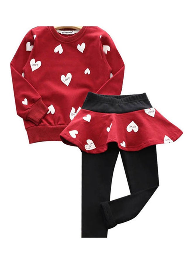 2-Piece Heart Printed Sweater And Leggings Set Red/Black