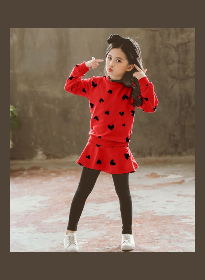 2-Piece Heart Printed Sweater And Leggings Set Red/Black