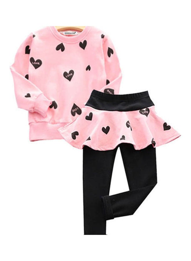 2-Piece Heart Printed Sweater And Leggings Set Pink/Black