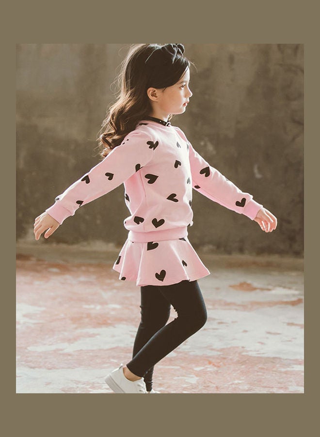 2-Piece Heart Printed Sweater And Leggings Set Pink/Black