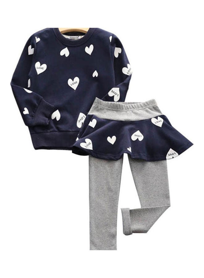2-Piece Heart Printed Sweater And Leggings Set Blue/White/Grey