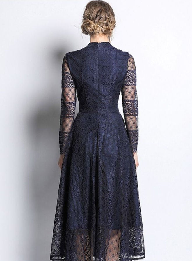 A Line Hollow Out Long Sleeve Dress Blue