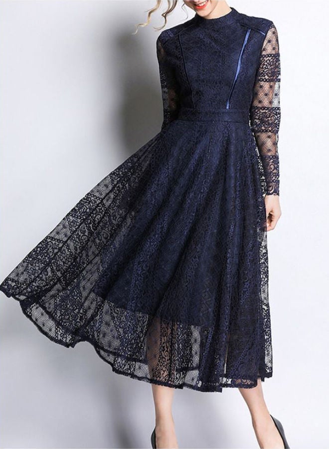 A Line Hollow Out Long Sleeve Dress Blue