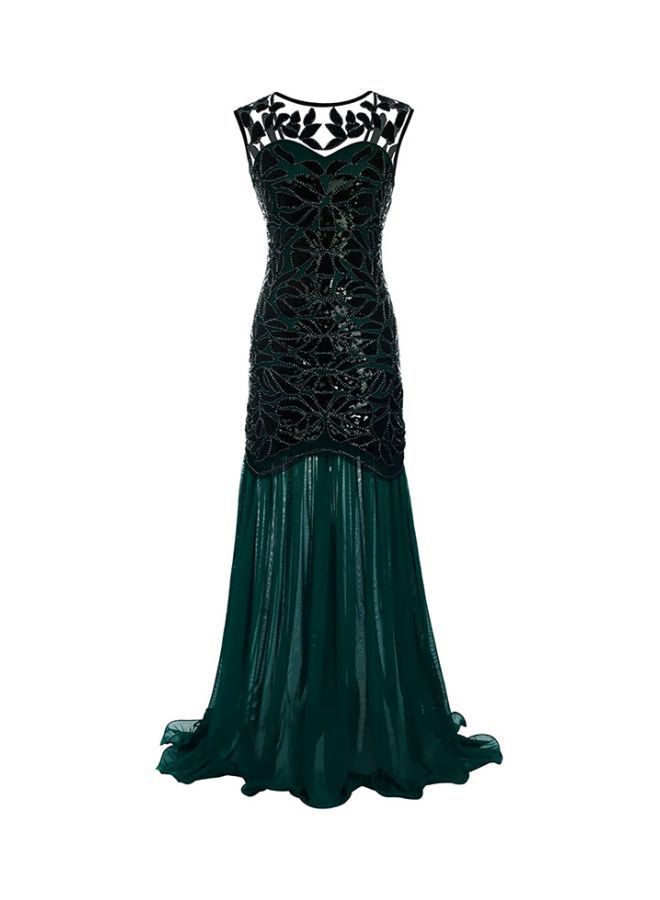 Ruffles Hem Sequined Gown Dress Dark Green/Black