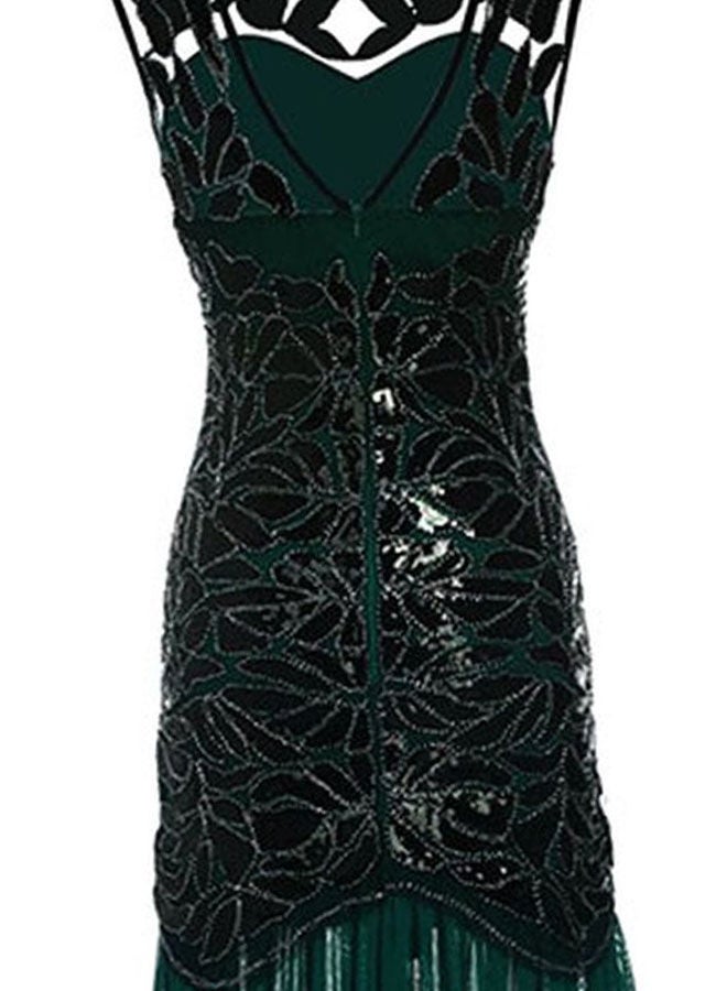 Ruffles Hem Sequined Gown Dress Dark Green/Black