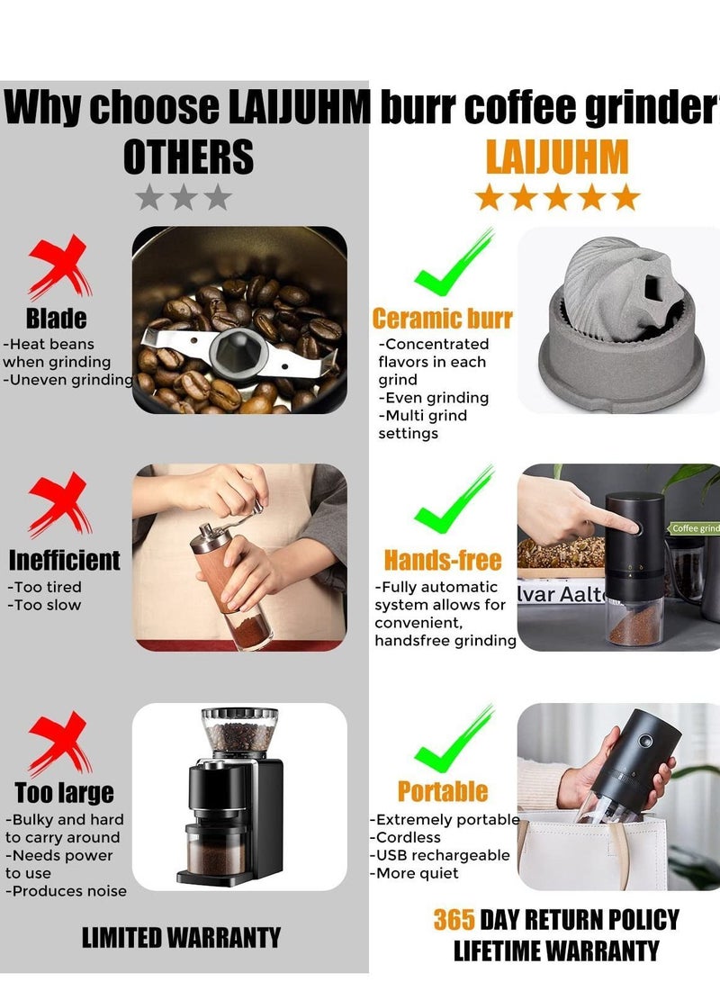 Portable Electric Burr Coffee Grinder, 4 Cups Small Automatic Conical Grinder Bean with Muli Grind Setting, USB Rechargeable, Cleaning Brush Included, Black