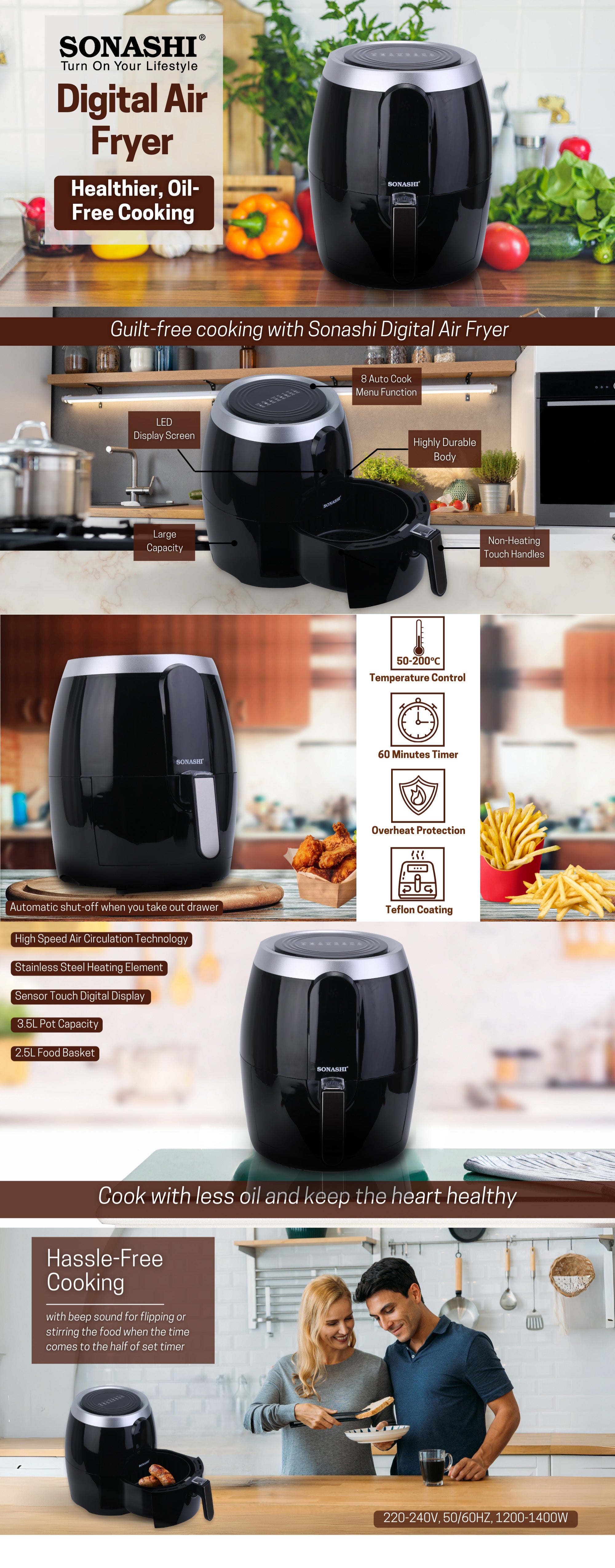 Digital Air Fryer With 3.5L Capacity | 8 Auto-Cook Menu Functions for Oil-Free Cooking | LED Display-Touch Screen with 50-200C Temperature Control | Air Fryer 3.5 L 1400 W SAF-350 Black