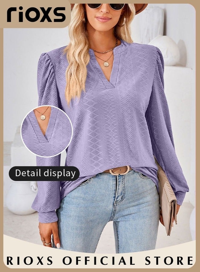 Women's V-neck Long Sleeve Blouse,Loose Casual Blouse,Soft Comfortable Pullover Shirt,Classic Comfortable Tops,Solid Color Tops,For Work/Office/Vacation/Travel/Basic Daily Wear