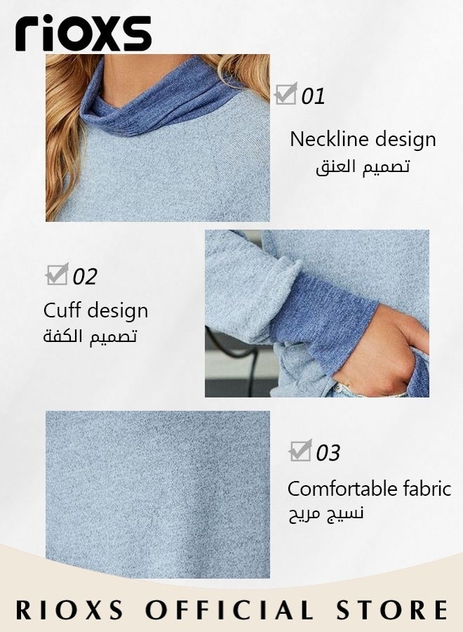 Women's Long Sleeve Fitted Tunic Knitted Solid Color Tops Contrast Collar Cuff and Hem Soft and Comfortable Pullover Tunic
