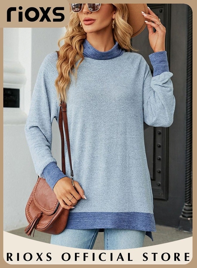Women's Long Sleeve Fitted Tunic Knitted Solid Color Tops Contrast Collar Cuff and Hem Soft and Comfortable Pullover Tunic