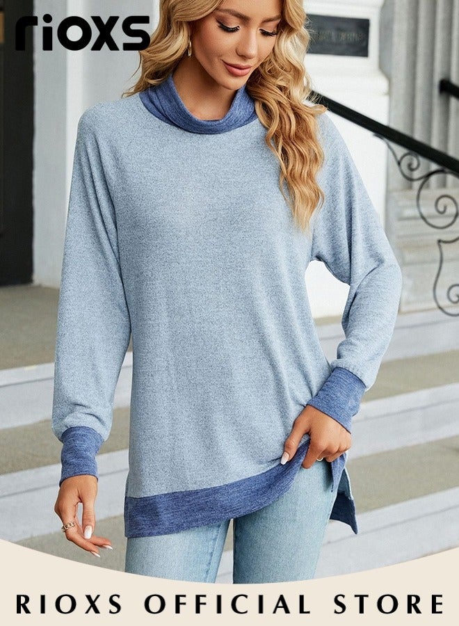Women's Long Sleeve Fitted Tunic Knitted Solid Color Tops Contrast Collar Cuff and Hem Soft and Comfortable Pullover Tunic