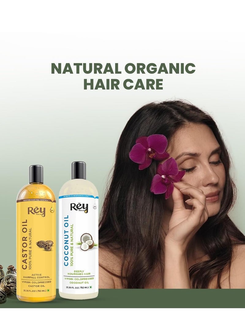 Rey Naturals Cold Pressed 100% Pure Castor OiL Coconut Oil Combo Moisturizing Healing 750ML Pack of 2