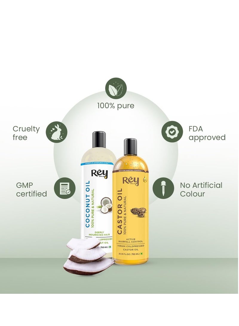 Rey Naturals Cold Pressed 100% Pure Castor OiL Coconut Oil Combo Moisturizing Healing 750ML Pack of 2