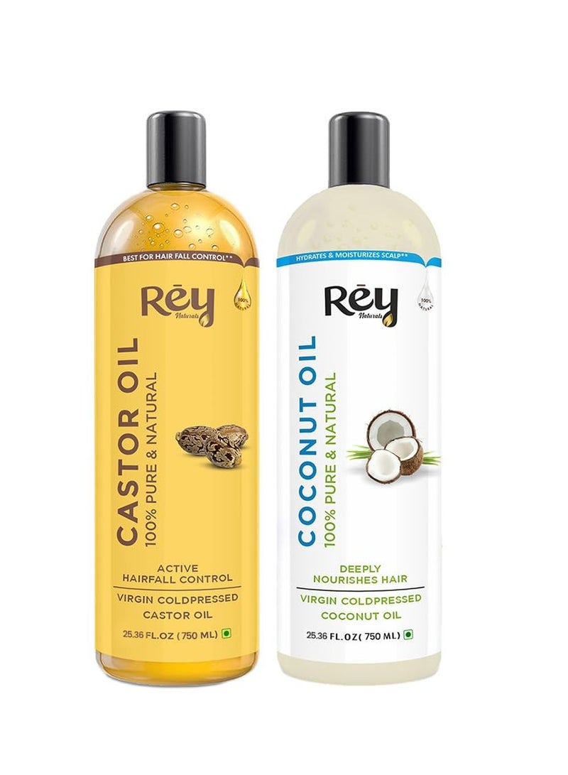 Rey Naturals Cold Pressed 100% Pure Castor OiL Coconut Oil Combo Moisturizing Healing 750ML Pack of 2