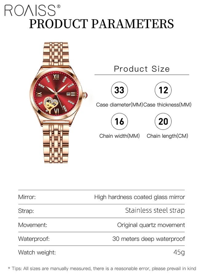 Women's Steel Strap Quartz Watch Analog Display Round Red Dial with Rhinestones Decoration and Hollow Heart Pattern Waterproof Luminous Wristwatch as Gift for Ladies