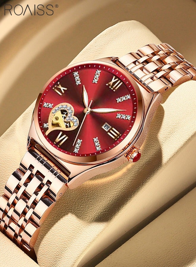 Women's Steel Strap Quartz Watch Analog Display Round Red Dial with Rhinestones Decoration and Hollow Heart Pattern Waterproof Luminous Wristwatch as Gift for Ladies