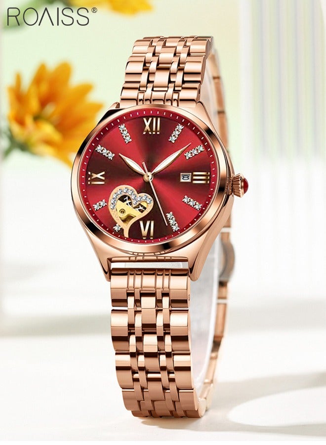 Women's Steel Strap Quartz Watch Analog Display Round Red Dial with Rhinestones Decoration and Hollow Heart Pattern Waterproof Luminous Wristwatch as Gift for Ladies