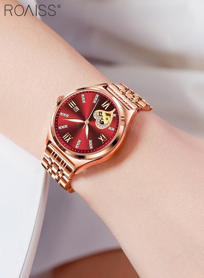 Women's Steel Strap Quartz Watch Analog Display Round Red Dial with Rhinestones Decoration and Hollow Heart Pattern Waterproof Luminous Wristwatch as Gift for Ladies