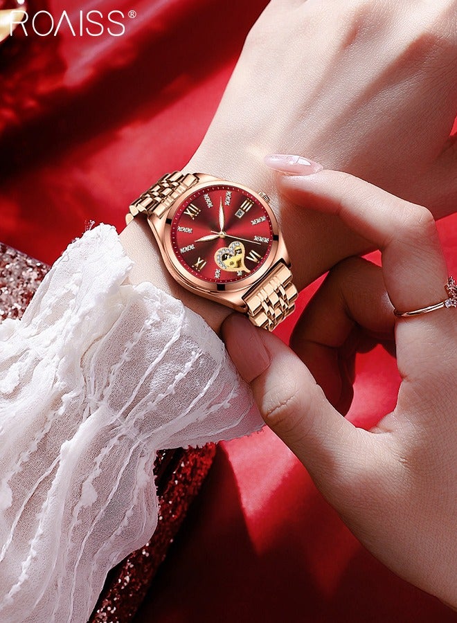 Women's Steel Strap Quartz Watch Analog Display Round Red Dial with Rhinestones Decoration and Hollow Heart Pattern Waterproof Luminous Wristwatch as Gift for Ladies