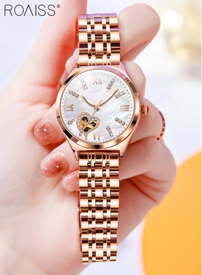 Women's Steel Strap Quartz Watch Analog Display Round White Dial with Rhinestones Decoration and Hollow Heart Pattern Waterproof Luminous Wristwatch as Gift for Ladies