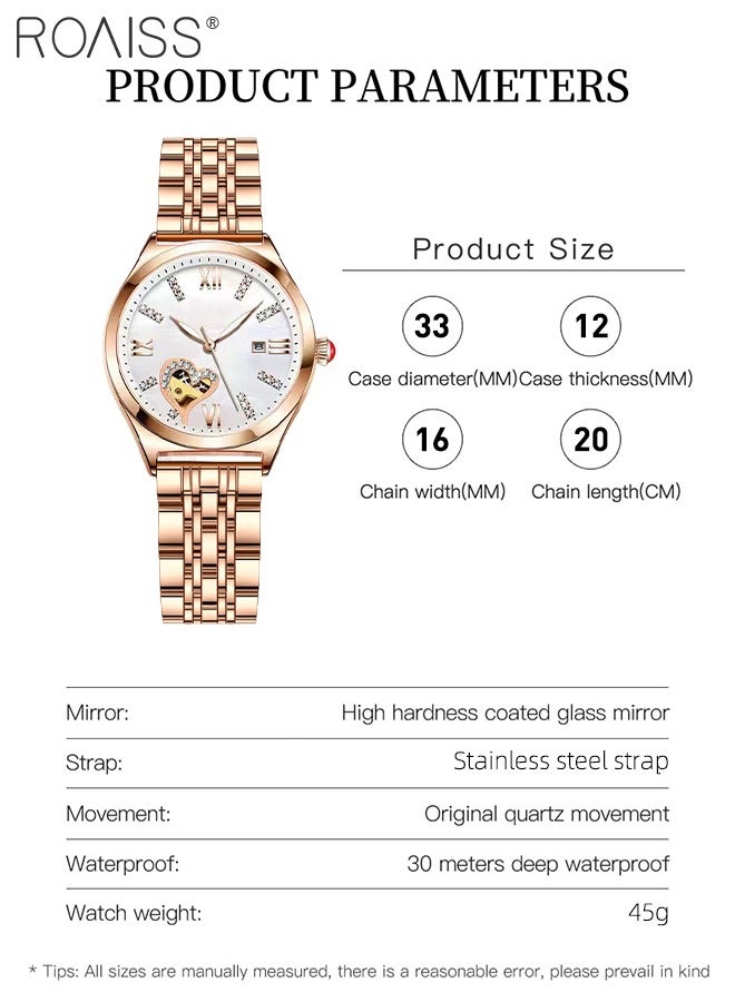 Women's Steel Strap Quartz Watch Analog Display Round White Dial with Rhinestones Decoration and Hollow Heart Pattern Waterproof Luminous Wristwatch as Gift for Ladies