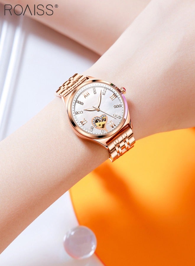 Women's Steel Strap Quartz Watch Analog Display Round White Dial with Rhinestones Decoration and Hollow Heart Pattern Waterproof Luminous Wristwatch as Gift for Ladies