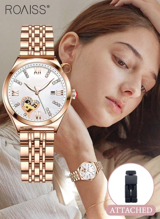 Women's Steel Strap Quartz Watch Analog Display Round White Dial with Rhinestones Decoration and Hollow Heart Pattern Waterproof Luminous Wristwatch as Gift for Ladies