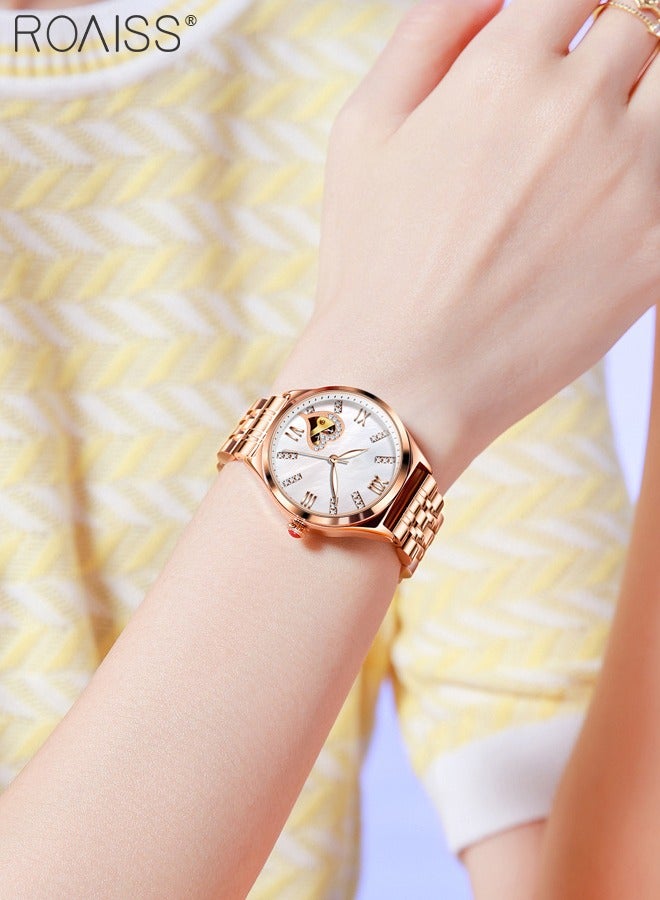 Women's Steel Strap Quartz Watch Analog Display Round White Dial with Rhinestones Decoration and Hollow Heart Pattern Waterproof Luminous Wristwatch as Gift for Ladies