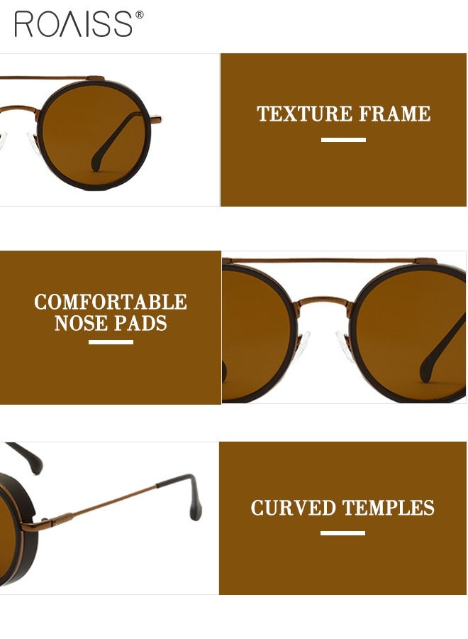 Men's Round Sunglasses UV400 Protection Sun Glasses with Alloy Frame Fashion Anti-Glare Sun Shades for Men Driving Fishing Traveling Brown Lens