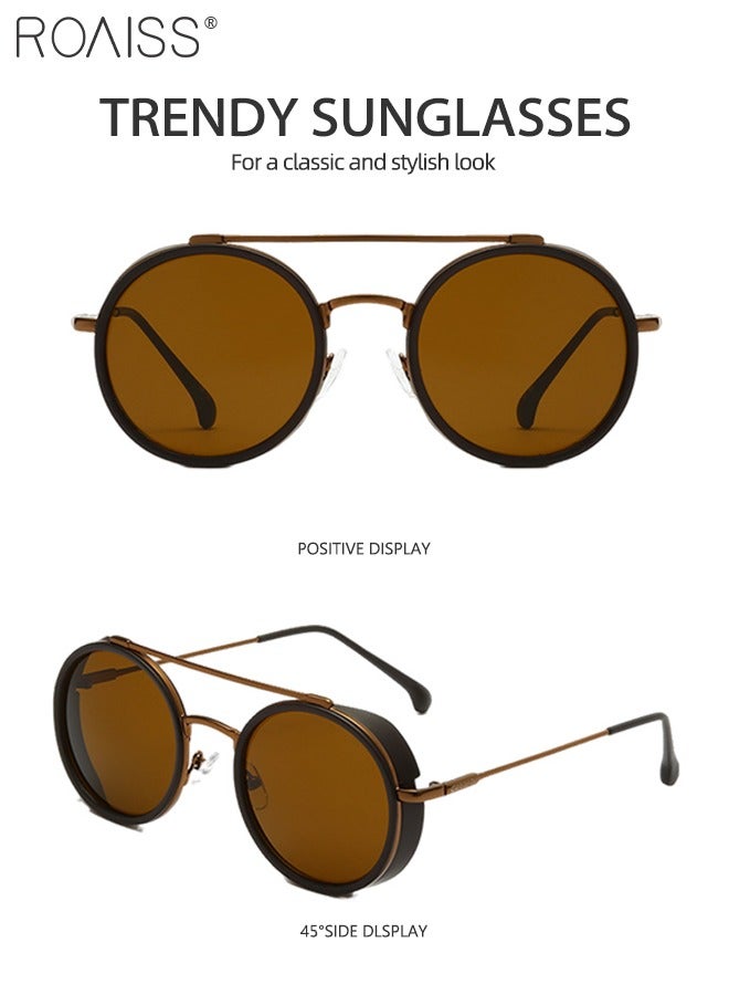 Men's Round Sunglasses UV400 Protection Sun Glasses with Alloy Frame Fashion Anti-Glare Sun Shades for Men Driving Fishing Traveling Brown Lens