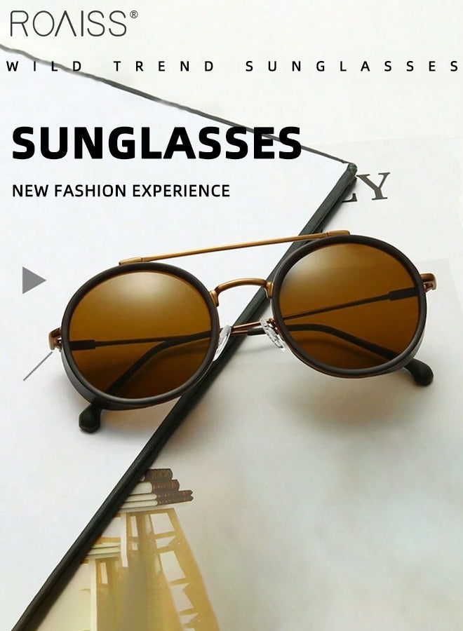 Men's Round Sunglasses UV400 Protection Sun Glasses with Alloy Frame Fashion Anti-Glare Sun Shades for Men Driving Fishing Traveling Brown Lens