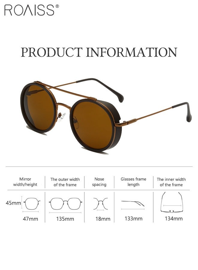 Men's Round Sunglasses UV400 Protection Sun Glasses with Alloy Frame Fashion Anti-Glare Sun Shades for Men Driving Fishing Traveling Brown Lens