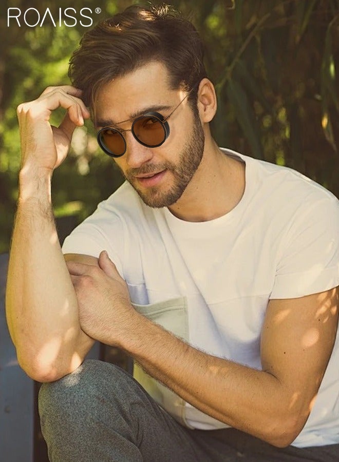 Men's Round Sunglasses UV400 Protection Sun Glasses with Alloy Frame Fashion Anti-Glare Sun Shades for Men Driving Fishing Traveling Brown Lens