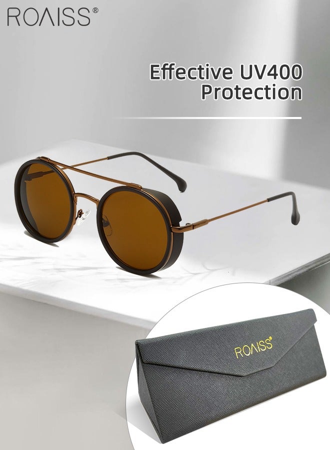 Men's Round Sunglasses UV400 Protection Sun Glasses with Alloy Frame Fashion Anti-Glare Sun Shades for Men Driving Fishing Traveling Brown Lens